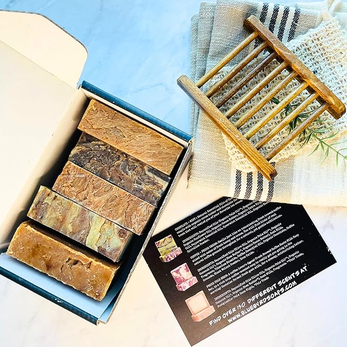 Bluebyrd Gourmet Assorted Handmade Soap Bars for Women & Men | Large, 25 oz Gift Set of 5 Natural Cleansing Bars - Chocolate Orange, Coffee, Mocha, Mint Chocolate | Vegan Soap Gift (Gourmet)