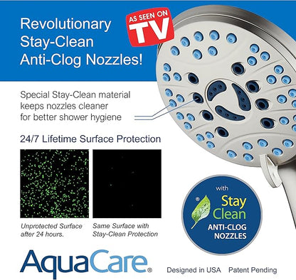 Hotel Spa AquaCare As-Seen-On-TV High Pressure Handheld & Rain 50-mode 3-way Shower Head Combo with Anti-clog Jets, 2-mode Tub & Pet Power Wash, Extra Wall Bracket, 6 ft. Hose, Nickel Finish