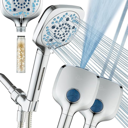 AquaCare High Pressure 10 Spray Mode Filtered Showerhead - Handheld Shower Head Filters Chlorine to Heal Dry Skin, Revive Hair - Dual Power Wash Cleans Tub, Tile, Pets - Hard Water Softener, Chrome