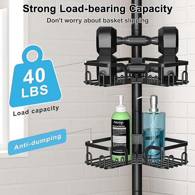 Corner Shower Caddy Tension Pole,39-113 inch Adjustable Rustproof Floor Standing Shower Organizer Shelf with 4 Basket for Bathtub,Inside Shower Shampoo Storage,Black