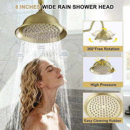 Exposed Shower System Brushed Gold,Antique Brass Shower Faucet Set with 8 Inches Rainfall Shower Head Vintage,Outdoor Shower Fixture with Foldable Tub Spout