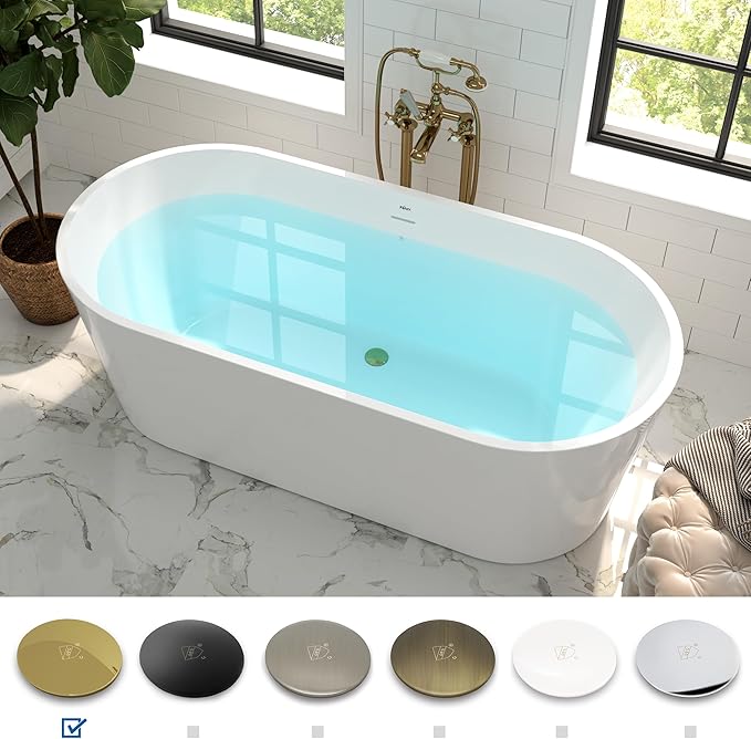 FerdY Shangri-La 67" Acrylic Freestanding Bathtub, Classic Oval Shape Acrylic Soaking Bathtub with Polished Gold Drain & Minimalist Linear Design Overflow, Modern White, cUPC Certified
