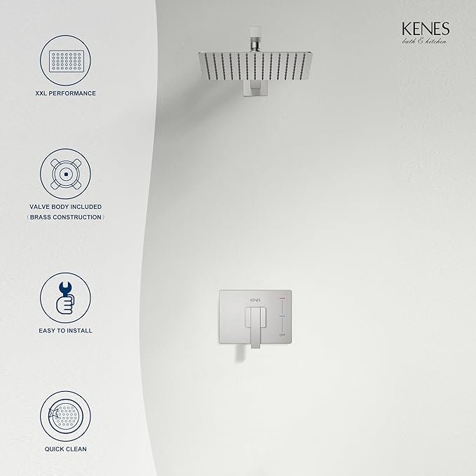 KENES Brushed Nickel 10-Inch Shower Head and Handle Set, Square Shower Faucet Set Bathroom Rainfall Shower System Wall Mount, KE-6024B (Shower Valve Included)