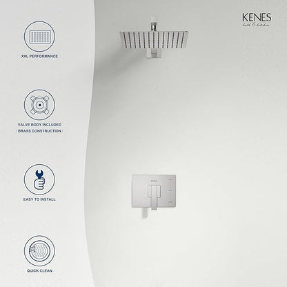 KENES Brushed Nickel 10-Inch Shower Head and Handle Set, Square Shower Faucet Set Bathroom Rainfall Shower System Wall Mount, KE-6024B (Shower Valve Included)