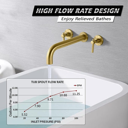 SUMERAIN Bathroom Wall Mounted Tub Filler Faucet Brushed Gold Bathtub Faucet Set with Brass Rough in Valve