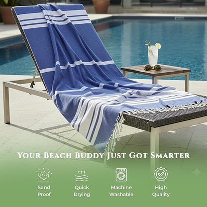 Turkish Cotton Beach Towel Pack of 4 & 1 Boho Tote Bag - Hammam Towels - No Shrink - Quick Dry - Lightweight - Sand Free - Camping - Pool - Tanning - Beach Essentials - Dark Blue (40"x70")