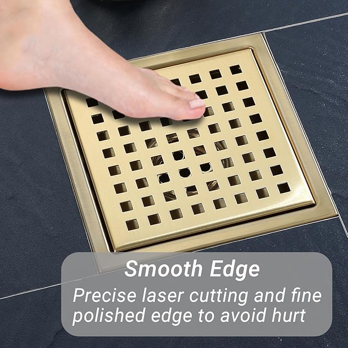 4 Inch Square Shower Floor Drain, Stainless Steel Black Shower Drain Kit with Flange, Floor Drain with Removable Grid Cover,Brushed Gold