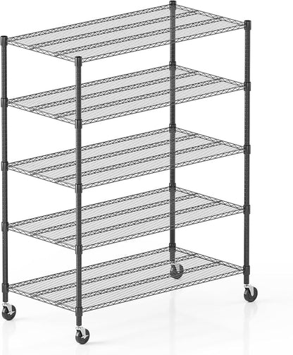 Homdox Heavy Duty Storage Shelves, 5 Tier Wire Shelving Unit with Wheels, Commercial Adjustable Metal Shelves for Storage, Garage Rack Pantry Shelves Kitchen Shelving, 24"x48"x82", Black