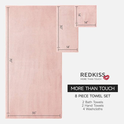 REDKISS Pink Towel Set of 8 - Ultra Soft Microfiber, Contains 2 Large Bath 35x70, 2 Hand 14x30, 4 Washcloths 14x14, Highly Absorbent, Quick Dry, Ideal for Everyday use, Hotel & Spa, Pink