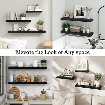 Floating Shelves for Wall, 7.9" Deep Wall Mounted Wood Shelves for Bathroom, Bedroom, Living Room, Kitchen, Hanging Shelf for Books/Storage/Room Decor (Black, 16")