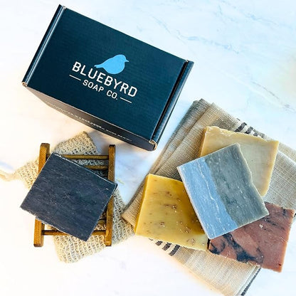 BLUEBYRD Soap - Men's Variety Pack Bourbon Soap Bars | Natural Skin Care, Handmade, Cold Process, Organic | Masculine Fragrance- Bourbon Oak, Citrus IPA Beer, Sandalwood Whiskey, Charcoal (Bourbon)