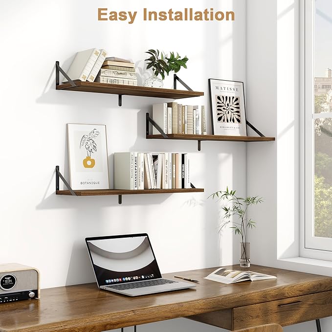 Fun Memories Floating Shelves, 32 x 8 Inches, Set of 3 Wall-Mounted Bookshelves with Metal Brackets, Decorative Storage for Home and Office (Walnut)