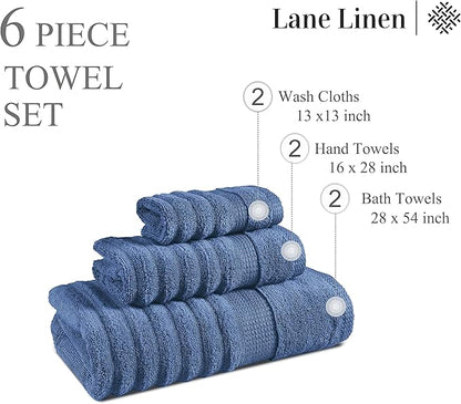 LANE LINEN Bathroom Towel Set - Premium Quality 100% Cotton Bath Towels Set of 6 Large Size - Quick Dry, Absorbent Hotel Towels for Bathroom Luxury - Includes 2 Bath, 2 Hand & 2 Wash Cloths - Denim