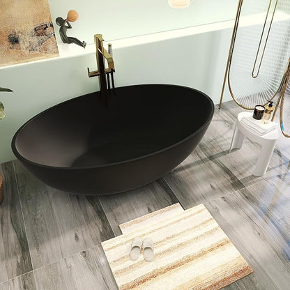 67" Premium Solid Surface Freestanding Bathtubs, Matte Black Oval Stone Resin Tub with Overflow and Pop-up Drain