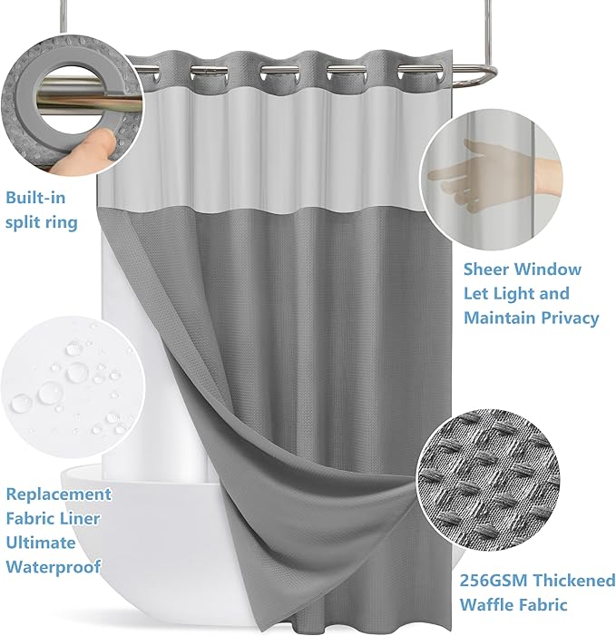 No Hook Waffle Weave Shower Curtain Set with Snap-in Fabric Liner and Mesh Top Window,256GSM Heavy Duty Fabric,Dark Grey Washable Luxury Shower Curtain for Bathroom Stalls (72x75 Inch)
