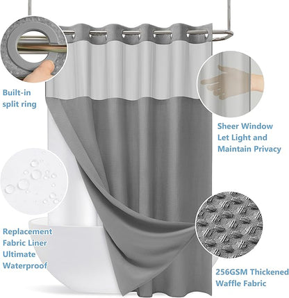 No Hook Waffle Weave Shower Curtain Set with Snap-in Fabric Liner and Mesh Top Window,256GSM Heavy Duty Fabric,Dark Grey Washable Luxury Shower Curtain for Bathroom Stalls (72x75 Inch)