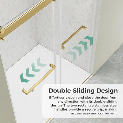 DELAVIN 56"-60" W x 75" H Frameless Shower Door, Double Sliding Shower Door, Glass Shower Door with 5/16" (8mm) Clear SGCC Tempered Glass, Explosion-Proof Film, Stainless Steel Hardware, Gold