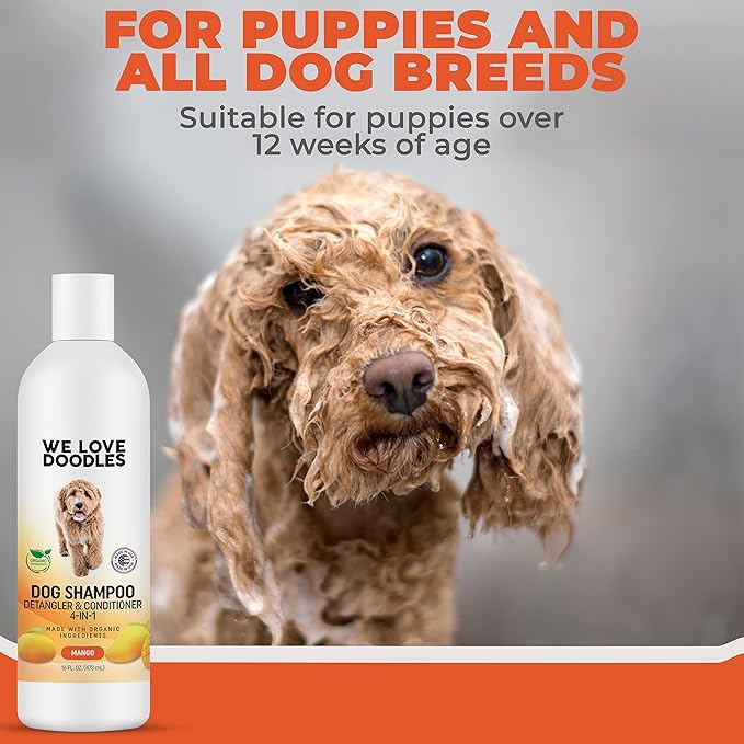 We Love Doodles Pet Rubber Bath Brush and Dog Shampoo (Bundle) - for Shower Scrubbing & Soothing Massage and Organic Dog Shampoo, Conditioner & Detangler - Made in The USA