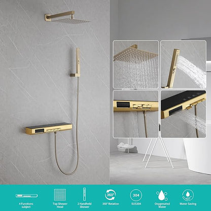 Brushed Gold Rain Shower System Combo: 10" Wall-Mounted Shower Fixtures with 2-in-1 Handheld Spray, Shower Valve with Body Jets, and Waterfall Spout Shower Faucet Set