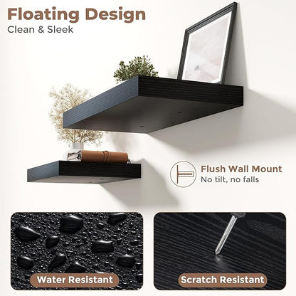 24 Inch Floating Shelves for Wall Set of 2, 12"D Wood Grain Bathroom Shelves with Invisible Brackets, Easy Install Engineered Wood Storage Shelves for Kitchen, Living Room, Bedroom, Black Finish
