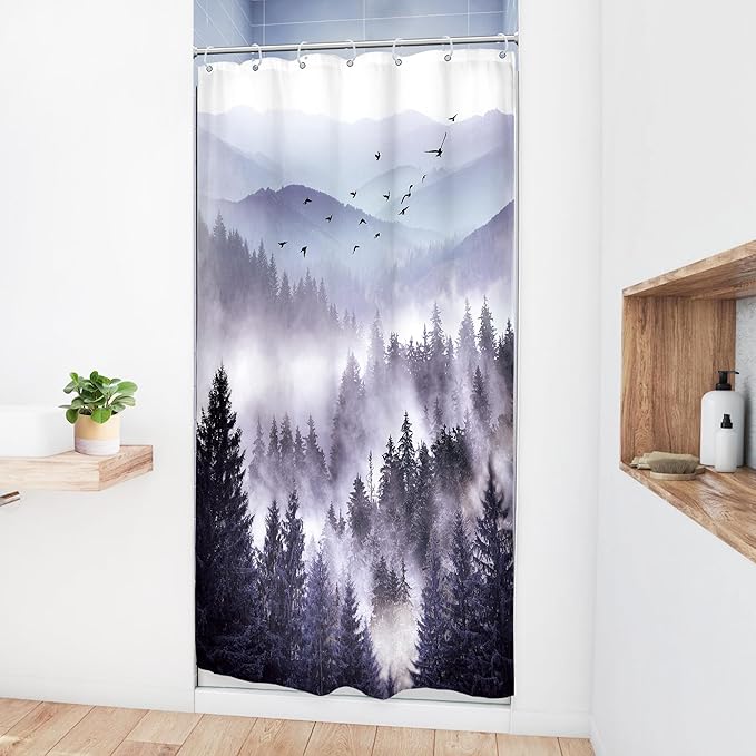 Riyidecor Stall Half Small Rv Shower Curtain 36Wx72H Inch Purple Mountain Camp Narrow Scenery Nature Woodland Pine Tree Bathroom Decor Fabric Polyester Waterproof 7 Pack Hooks