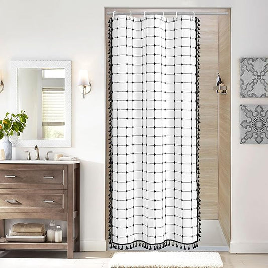 MitoVilla 36 x 72 Small Stall Boho Shower Curtain Set, White Black Narrow Polyester Linen Fabric Shower Curtains for Farmhouse Bathroom Decor, Half Size Cloth Shower Curtain Set with Hooks