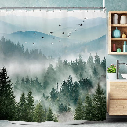 Riyidecor Extra Wide Green Mountain Shower Curtain 108Wx72H Inch Rustic Nature Scenery Foggy Pine Tree Landscape Woodland Natural Botanical Bathroom Decor Fabric Polyester Waterproof 18 Metal Hooks