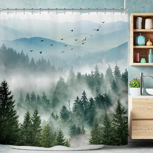 Riyidecor Extra Wide Green Mountain Shower Curtain 108Wx72H Inch Rustic Nature Scenery Foggy Pine Tree Landscape Woodland Natural Botanical Bathroom Decor Fabric Polyester Waterproof 18 Metal Hooks