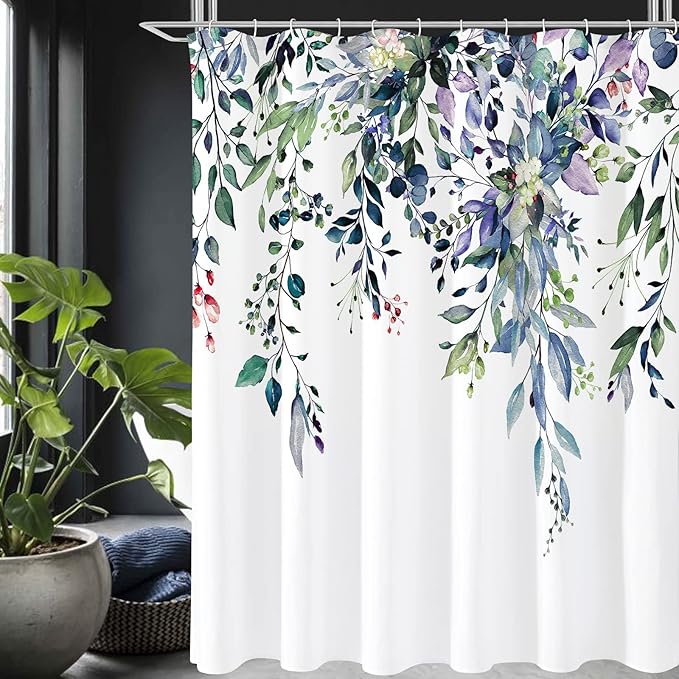 Gibelle Spring Floral Shower Curtain for Bathroom, Watercolor Green Eucalyptus Leaves Plant Shower Curtain Set, Washable Polyester Fabric 72x72 Inch