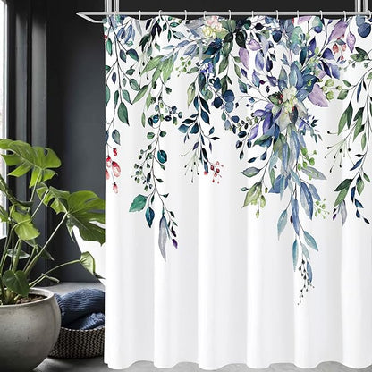 Gibelle Extra Long Shower Curtain 72 x 84, Green Eucalyptus Leaves Shower Curtain, Watercolor Floral Plant Bathroom Curtains Shower Set