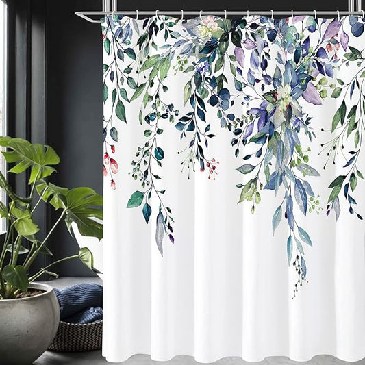 Gibelle Extra Long Shower Curtain 72 x 84, Green Eucalyptus Leaves Shower Curtain, Watercolor Floral Plant Bathroom Curtains Shower Set