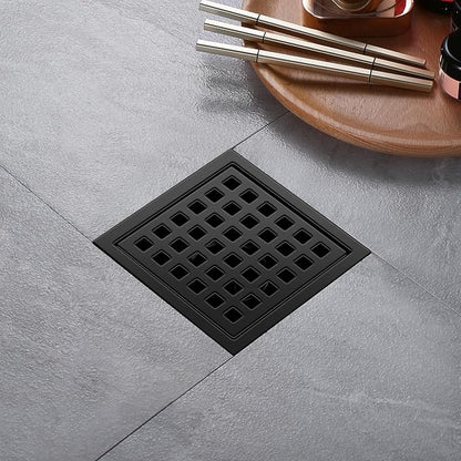 Shower Drain, Matte Black 4 inch Square Shower Floor Drain with Flange, Removeable Grid Panel SUS 304 Stainless Steel Square Shower Drain
