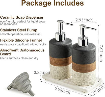 Ceramic Dish Soap Dispensers Set(2 Pack), Hand, Dish, Shower Soap Dispenser for Kitchen Sink & Bathroom, Includes Stainless Steel Pump, Silicone Funnel & Diatomaceous Holder, Black
