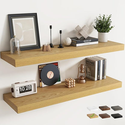 48 Inch Long Floating Shelves for Wall Set of 2, 12"D Wood Grain Bathroom Shelves with Invisible Brackets, Easy Install Engineered Wood Storage Shelves for Kitchen, Living Room, Bedroom, Oak Finish