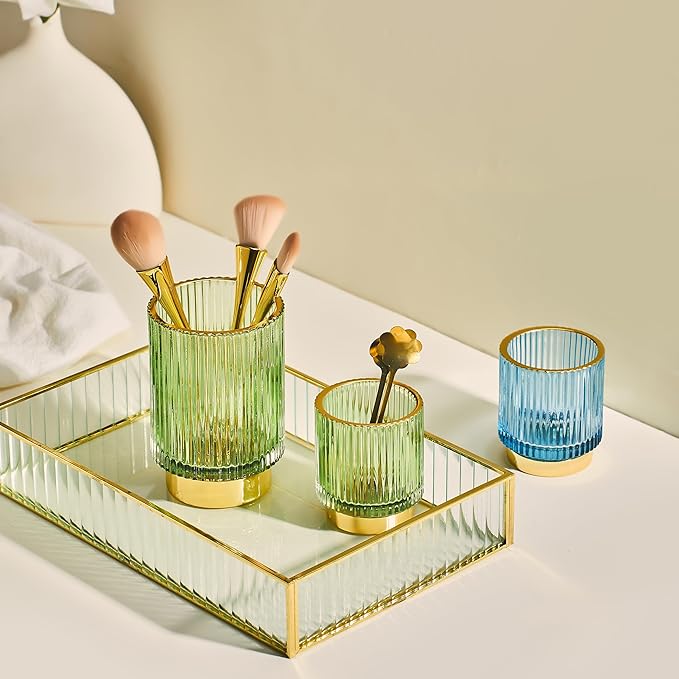 Makeup Brush Organizer, Toothbrush Holder, Desk Pen Pencil Holder, Multifunctional Vintage Glass Brush Cup (S/Green/A3-11-US)