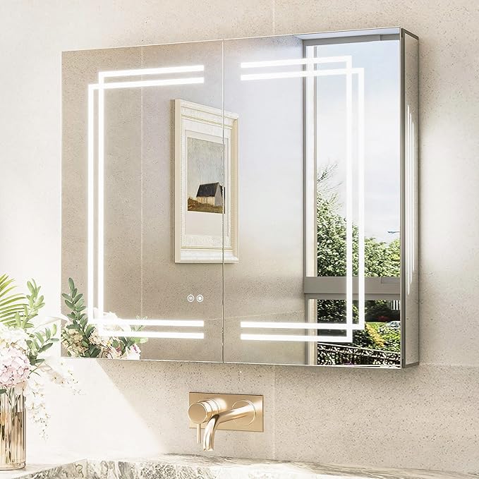 TokeShimi 30x26 Bathroom Mirror Medicine Cabinet with Light 3 Colors, Anti-Fog Tempered LED Mirror with Storage, Stepless Dimming CRI 80+, Memory Funtion, Wall Mirrored Cabinet for Bathroom Décor