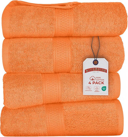 RIVERSIDE 100% Ring Spun Cotton Large Bath Towels Set of 4, 27 x 54 Inches – Quick Dry, Soft & Highly Absorbent Towels for Shower & Bathroom – Luxury 600 GSM Towels for Home, Spa, Gym, Hotel, Orange