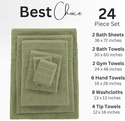 Casa Platino 100% Mercerized Cotton Bathroom Towel Set - 8 Pieces, Hotel Quality - Soft & Highly Absorbent - Ring Spun - 2 Large Bath Towels, 4 Washcloths, 2 Hand Towels - Family Pack - Oil Green