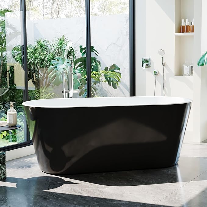 59'' Acrylic Freestanding Bathtub, Deep Soaking Tub with Non-Slip Base, cUPC Certified, Modern Black Bath Tub with Chrome Drain, Free Standing Tub for Bathrooms