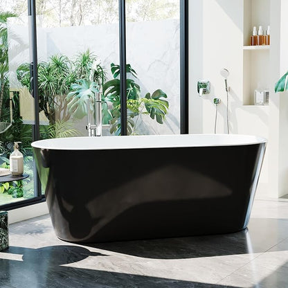 67 Inch Freestanding Bathtub, Acrylic Soaking Bathtub with Chrome Drain and Overflow, Standalone Ergonomic Tub for Bathroom Relaxation, Deep Design for Family and Guest Use, Black