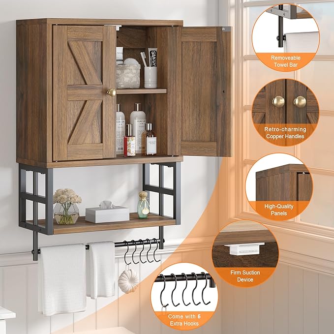 Farmhouse Medicine Cabinet - 3-Tier Wall Mounted Storage Organizer with Adjustable Shelves, Towel Bar, 5 Hooksfor Small Bathroom, Laundry Room, Over Toilet, Living Room, Bedroom (Walnut)