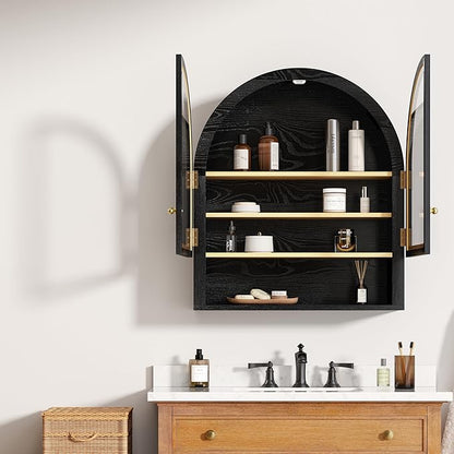 Large Arched Wall Cabinet with Acrylic Door, Wood Wall Mounted Bathroom Cabinet, Modern Hanging Medicine Cabinet with Adjustable Shelf and Open Shelf, Black/Oak