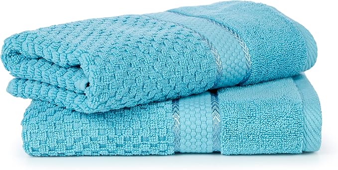 Ample Decor 100% Cotton Sky Blue Hand Towel for Bathroom Set of 2- Super Soft, Quick-Dry, Highly Absorbent, Popcorn Textured - Mulaayam Collection - 18 X 28 Inch