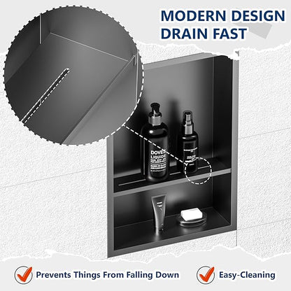Stainless Steel Shower Niche 18" X 12", No Tile Needed Wall Niche Double Shelves, Recessed Niche Shower for Bathroom Storage, Gun Metal