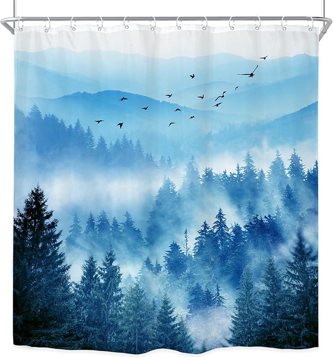 Riyidecor Extra Long Blue Shower Curtain 72Wx78H Inch Foggy Misty Nature Mountain Scene Navy Park View Pine Tree Alpine Natural Botanical Bathroom Decor Fabric Polyester Waterproof 12 Pack Hooks