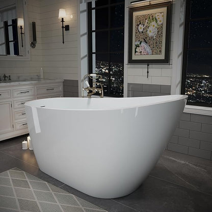 ABRUZZO 55" Acrylic Freestanding Bathtub - Deep Soaking Tub with Pop-Up Drain & Overflow, Glossy White Standalone Bathtub for Modern Bathroom, Fiberglass Reinforced Construction