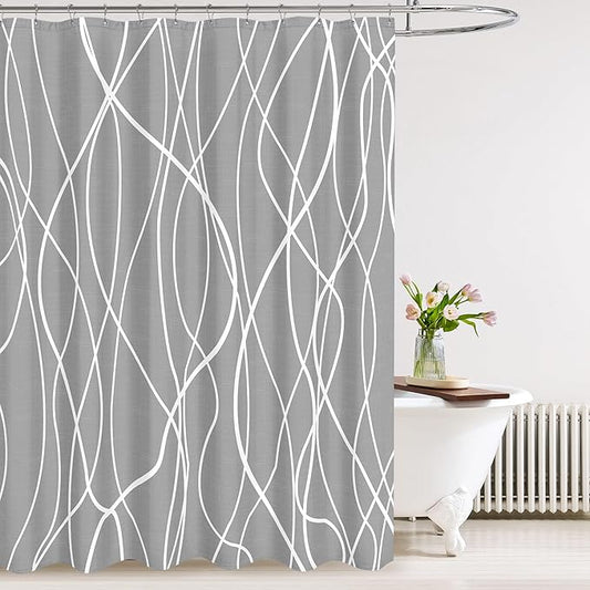 Tititex Morden 140gms Faux Linen Fabric Bath Shower Curtain Set Textured Fabric with Gray White Curve Pattern 72x72 Inch Water Resistant Bathroom Curtains, Weighted Hem & Hooks for Home/Hotel