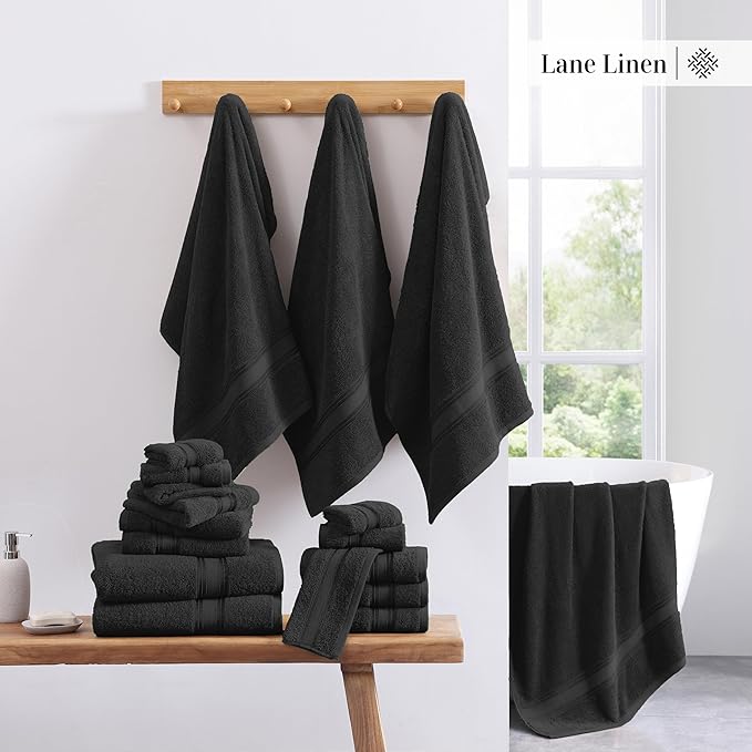 LANE LINEN 12 Pack Premium Towels for Bathroom – 100% Cotton, Zero Twist, 4 Bath, 4 Hand Towel & 4 Wash Cloths, Highly Absorbent, Remains Soft After Wash, Hotel & Spa Quality – Black