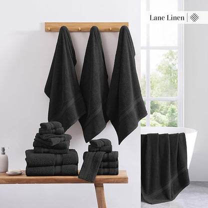 LANE LINEN 12 Pack Premium Towels for Bathroom – 100% Cotton, Zero Twist, 4 Bath, 4 Hand Towel & 4 Wash Cloths, Highly Absorbent, Remains Soft After Wash, Hotel & Spa Quality – Black