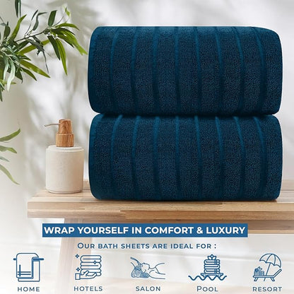 DAN RIVER Pack of 2 Bath Sheet 35x70 Inches, Big Towels Oversized Extra Ribbed Large Bath Sheets, Absorbent Quick Dry Towels - Blue Opal